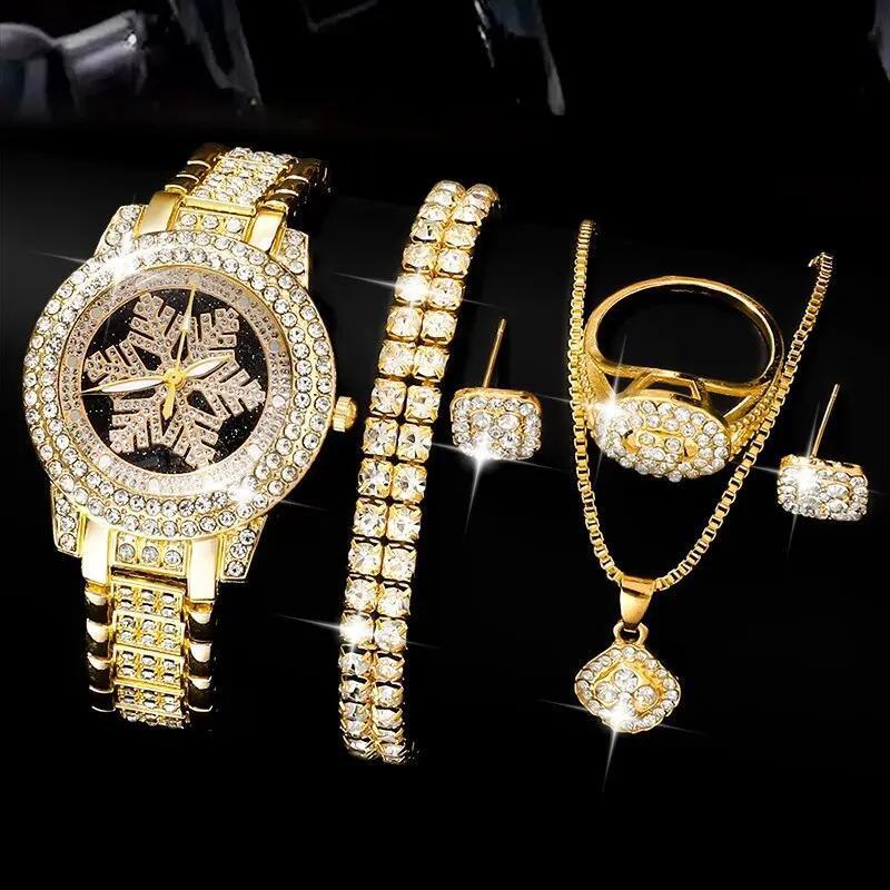 Snowflake Rhinestone Watch & Jewelry Set – Luxury 5-Piece Women's Gift Set