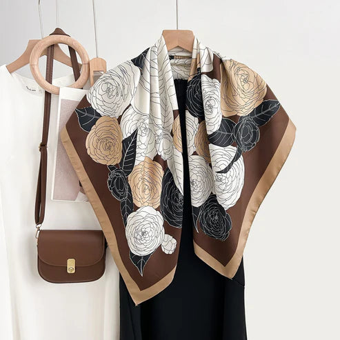 Luxury Korean Floral Print Scarf – Elegant Color-Block Design for Women