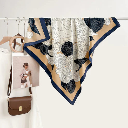 Luxury Korean Floral Print Scarf – Elegant Color-Block Design for Women