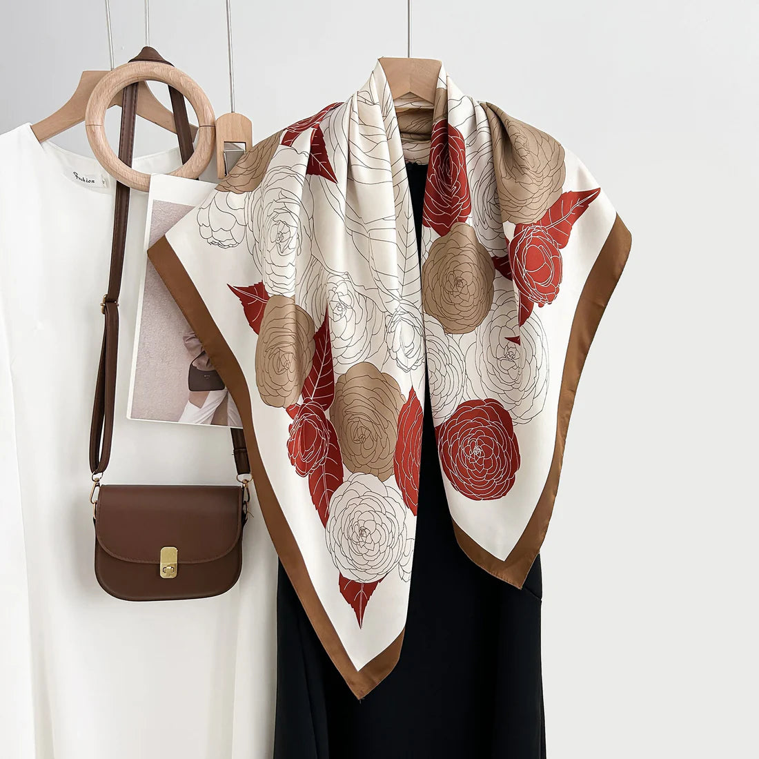 Luxury Korean Floral Print Scarf – Elegant Color-Block Design for Women