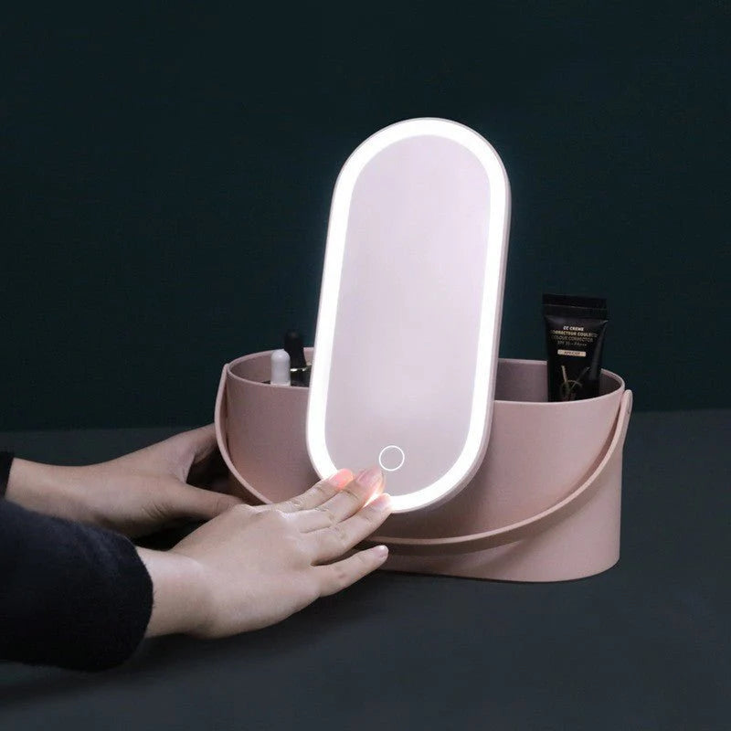 LED Makeup Mirror with Storage Box – Portable Vanity Organizer for Home & Travel
