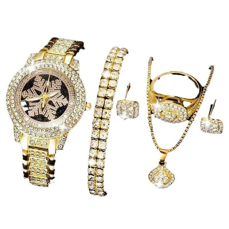 Snowflake Rhinestone Watch & Jewelry Set – Luxury 5-Piece Women's Gift Set
