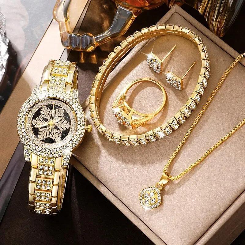 Snowflake Rhinestone Watch & Jewelry Set – Luxury 5-Piece Women's Gift Set