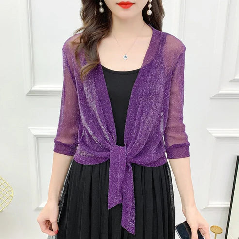 Elegant Silk Mesh Shawl for Women – Gold & Silver Evening Wrap